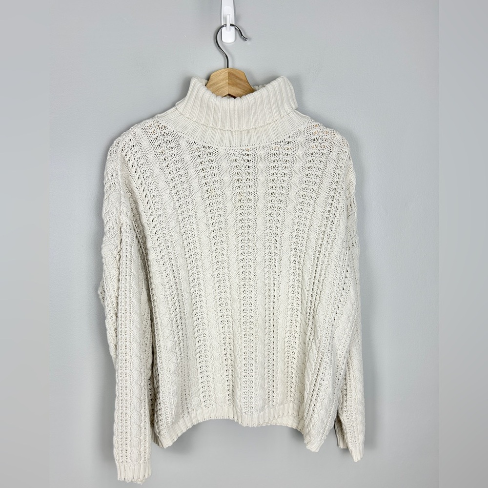 VINTAGE 90s Cotton Cable Knit Turtleneck‎ White Size Large Coastal Classic